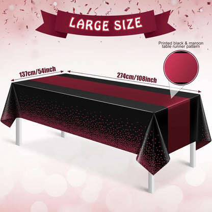MASHAN 3Pcs Black and Red Tablecloth Party Decorations,Plastic Black Table Cloth Printed Red Table Runner Disposable Rectangle Cover for Birthday Weeding Anniversary Graduation Party,54 x108 Inch