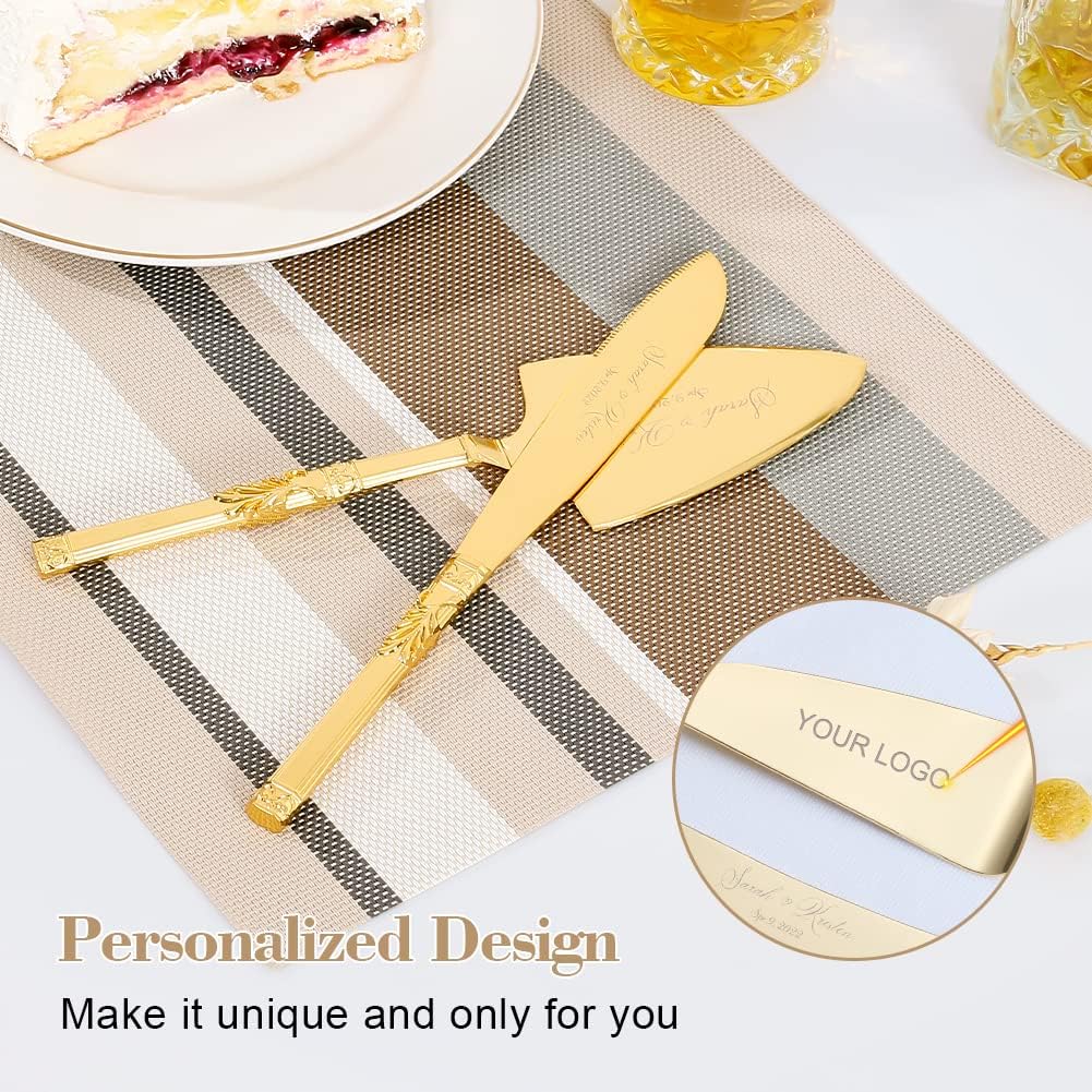 Cake Cutting Set for Wedding, Personalized Gold Cake Knife and Server Set, Custom Cake Serving Set, Engraved Pastry Pie Server Cake Pizza Cutter, Birthday Bridal Gift (F-Classic)
