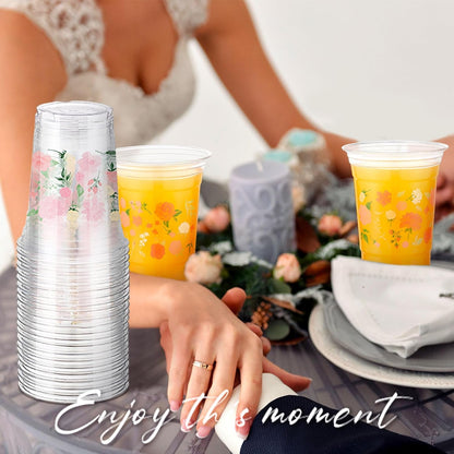Hushee 60 Pcs Purple Floral Cups with Spring Summer Flower 16 oz Wildflowers Plastic Disposable Drinking Cups for Summer Spring Birthday Baby Shower Wedding Party Supplies