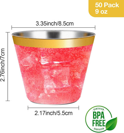 Goodluck 100PCS 9oz Gold Plastic Cups for Party, Disposable Gold Rim Cups, Plastic Cocktail Glasses for Wedding Thanksgiving, Christmas, and Parties