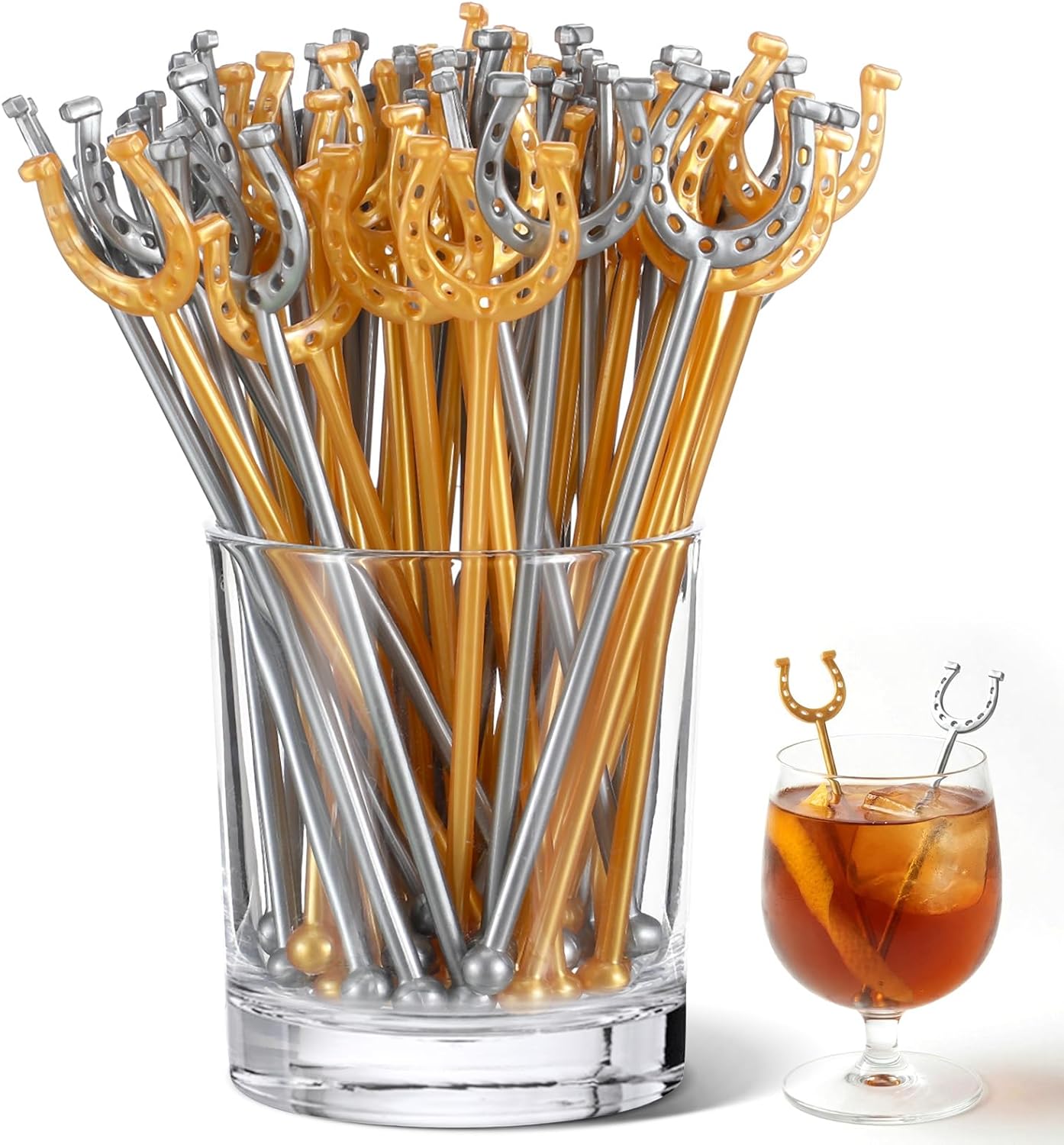 6 Inch Derby Drink Plastic Stirrers Swizzle Sticks for Cocktails Coffee Reusable U Shaped Horseshoe Drink Stirrers for Coffee Beverage Party Bar Weddings Events(Gold,30 Pcs)
