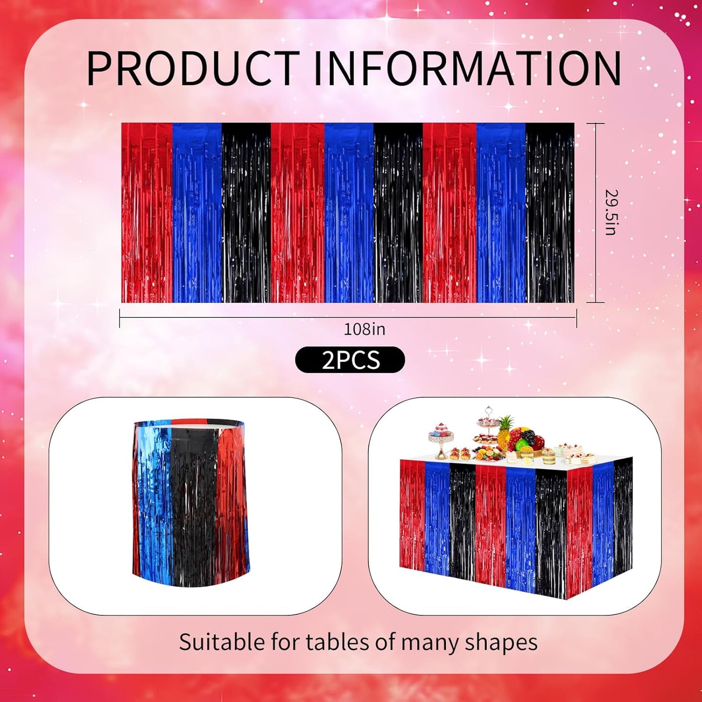 BEISHIDA 2 Pack Metallic Tinsel Foil Fringe Table Skirts for Rectangle & Round Tables Hot Pink Kids' Birthday, Holiday Cartoon Party Decorations for Birthday Valentines Baby Shower Festive Events