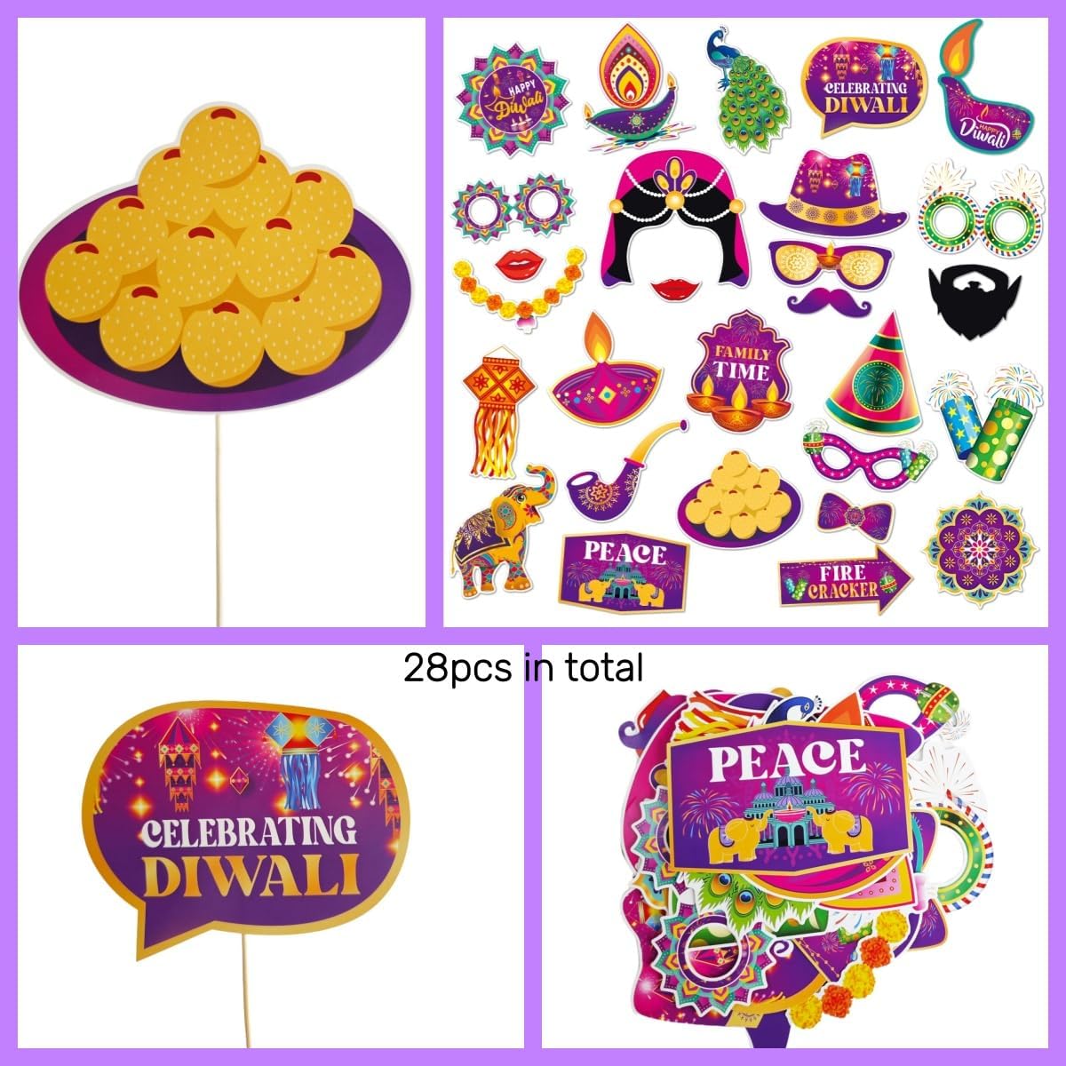 KYMY Happy Diwali Party Photo Booth Props Set, 1pc Deepavali Rangoli Selfie Frame with 20pcs Photo Booth Props, India Festival of Lights Party Favors for Hindu Diwali Themed Decorations Supplies