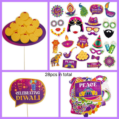 KYMY Happy Diwali Party Photo Booth Props Set, 1pc Deepavali Rangoli Selfie Frame with 20pcs Photo Booth Props, India Festival of Lights Party Favors for Hindu Diwali Themed Decorations Supplies