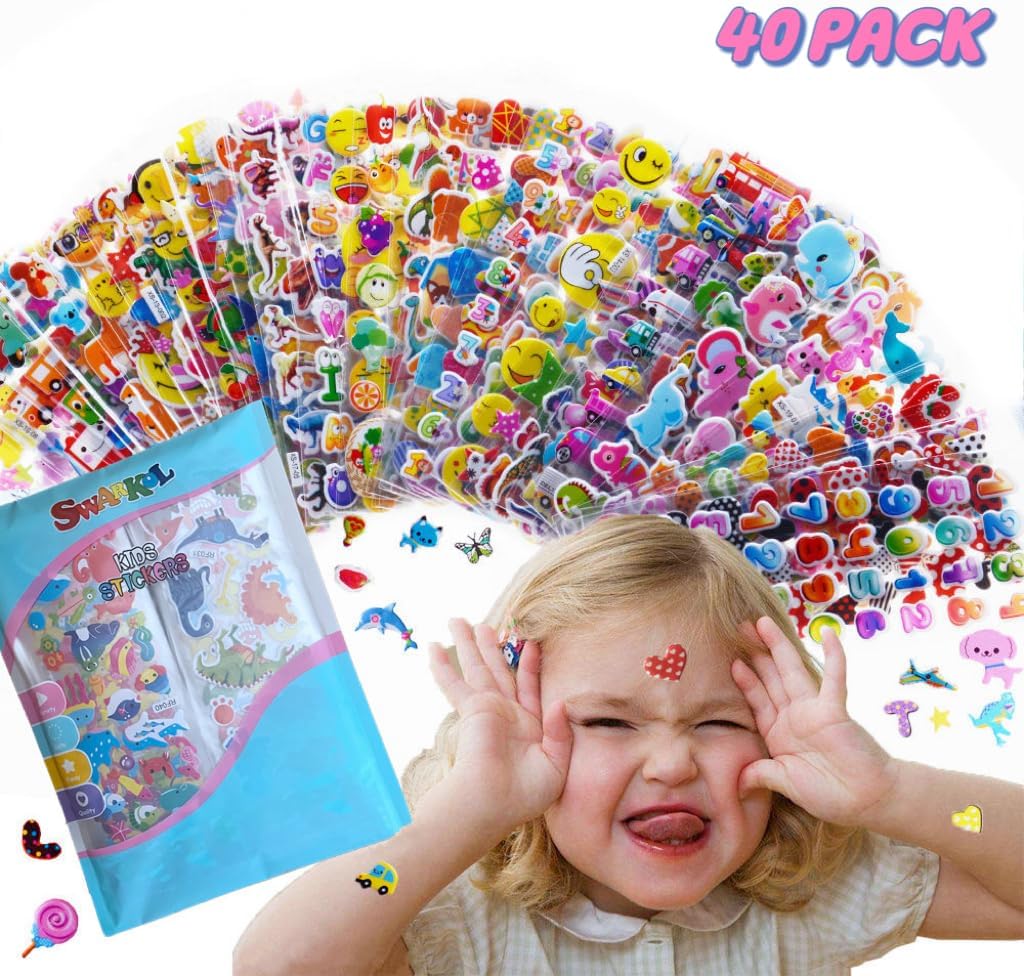 Stickers for Kids 1000+, 3D Puffy Stickers for Kids Toddlers 40 Different Sheets Variety Pack for Scrapbooking, Gifts, Rewards Including Animals, Stars, Fishes, Hearts, Dinosaurs, Cars and More