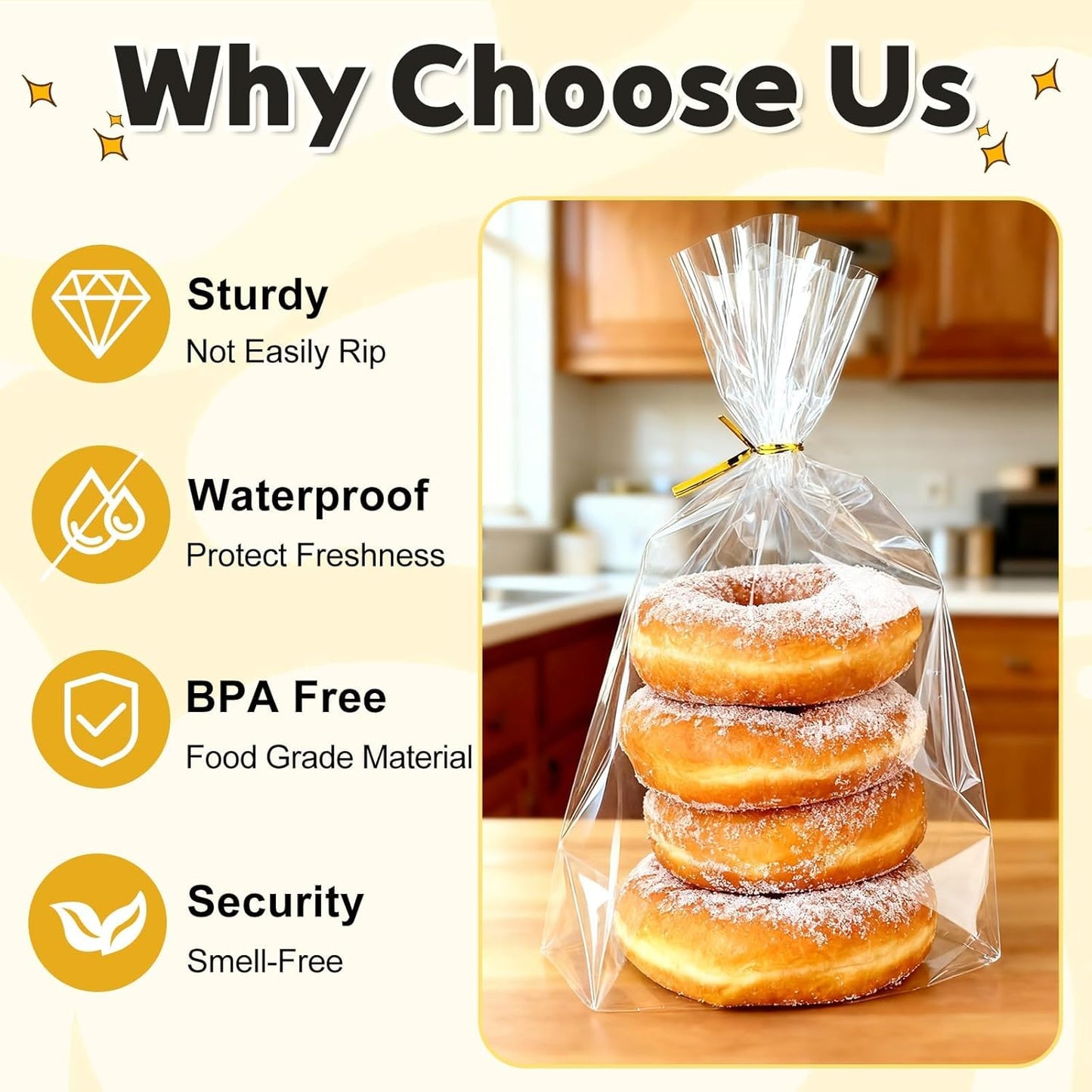 PigPotParty Cellophane Treat Bags 6x9 Inch, 50 Pack Clear Goodie Bags with Bottom Gusset for Stand-Up Display, Small Plastic Gift Wrap for Cookies, Candy, Party Favors, Popcorn, Includes 50 Gold Ties