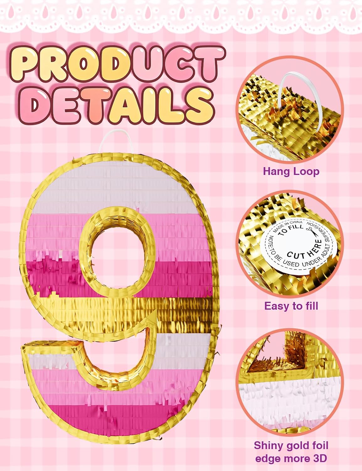 Number 5 Piñata with Stick, Blindfold & Confetti-Pink Piñata for Birthday Parties, Complete Party Game Set for Kids Girls-Gradient Pink Birthday Decor with Fillable Design(Small, 16.5 x 11.5 x 3 In)