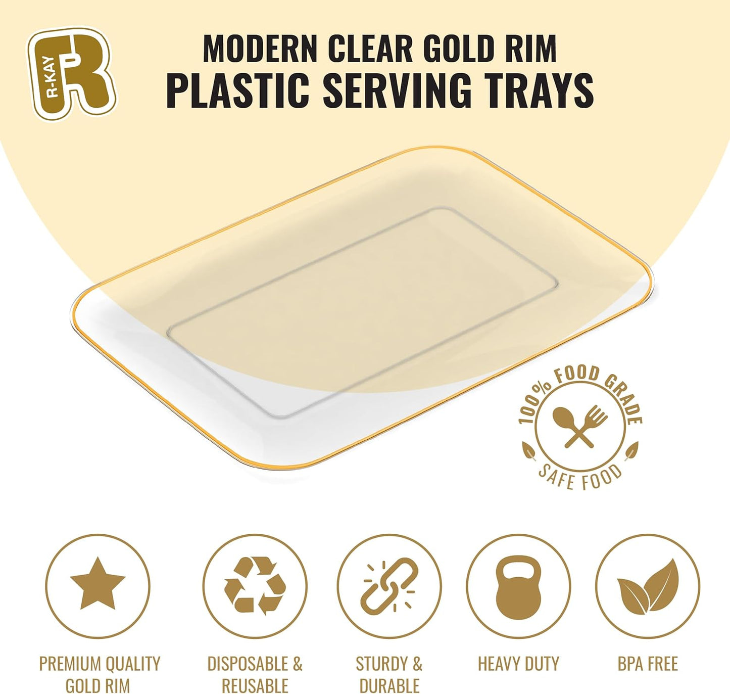 3 Pack Plastic Serving Trays for Party - Gold Serving Tray 8 x 11 Inch - Heavy Duty Dessert Trays for Food - Rectangular Party Serving Trays for Entertaining - Clear Cookie Platters