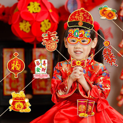 KYMY 2026 Chinese New Year Photo Booth Props Kit, 1 Selfie Frame & 24 Photo Booth Props, Zodiac Horse Year Spring Festival Festive Selfie Accessories for Asian Lunar New Year Party Favors