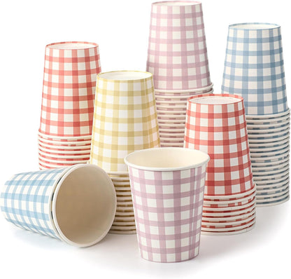 Tioncy 100 Pieces 9 oz Gingham Disposable Paper Cups Drinking Paper Cups Coffee Checkered Birthday Cup Gingham Hot Cold Beverage Drinking Cup for Holiday Picnic Travel Birthday Party, 4 Colors | Gingham, Checkered Cups, Birthday Party, Travel, Picnic