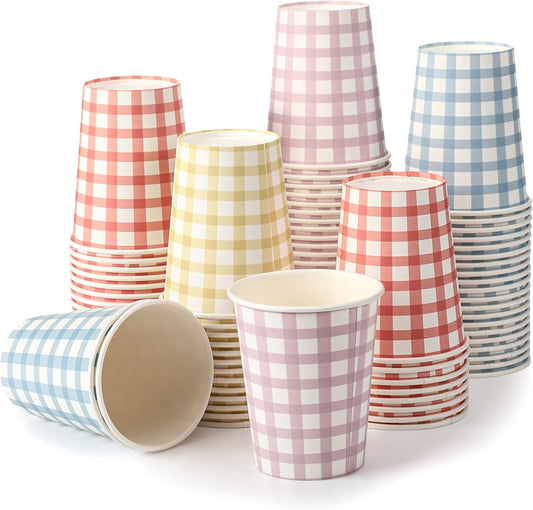 Tioncy 100 Pieces 9 oz Gingham Disposable Paper Cups Drinking Paper Cups Coffee Checkered Birthday Cup Gingham Hot Cold Beverage Drinking Cup for Holiday Picnic Travel Birthday Party, 4 Colors | Gingham, Checkered Cups, Birthday Party, Travel, Picnic
