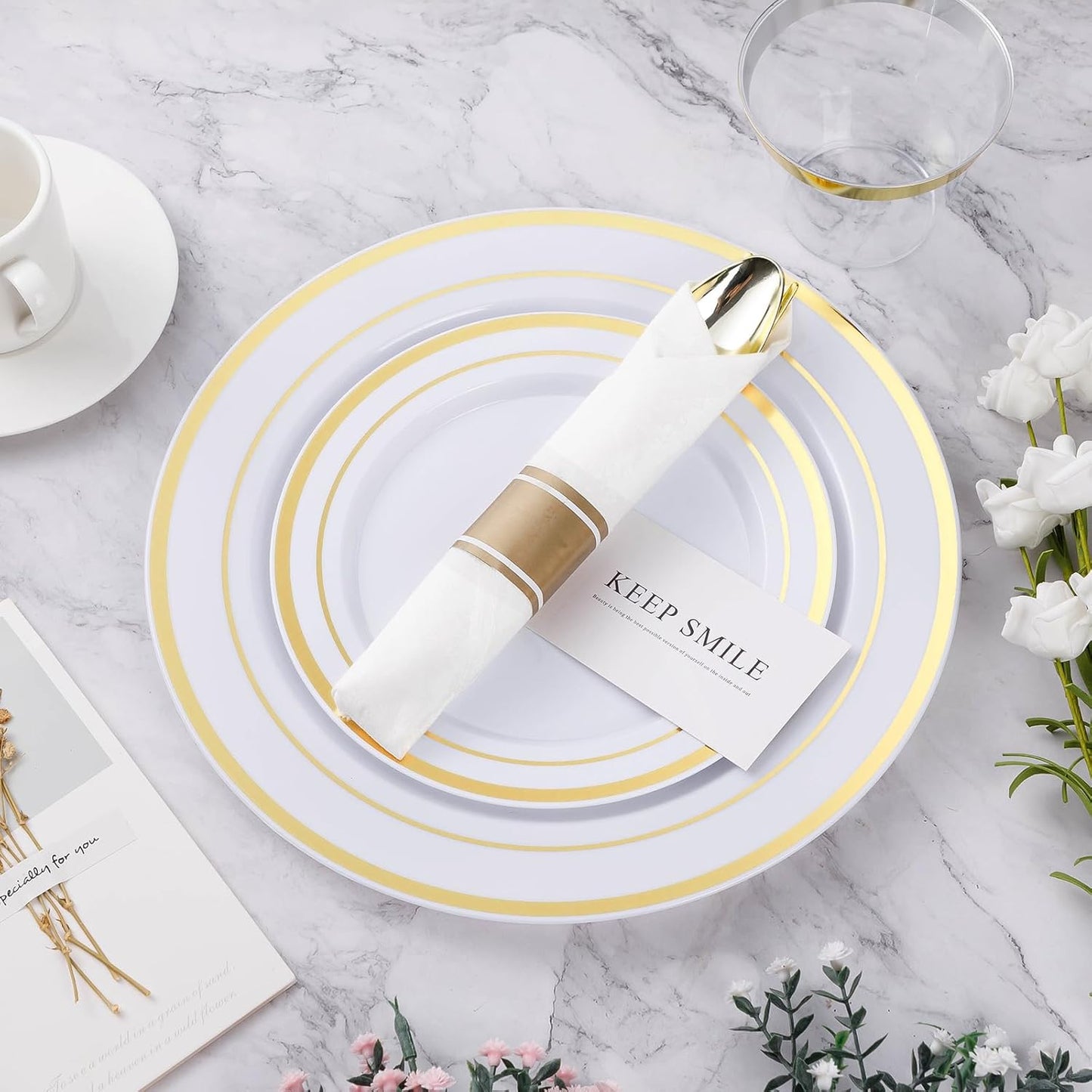 BESTVIP 350PCS Gold Plastic Dinnerware Set, Disposable Party Plates for 50 Guests, Include: 100 Plastic Plates, 50 Pre Rolled Napkins with Gold Silverware, 50 Cups