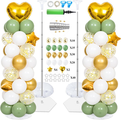 2 Sets 7FT Balloon Column Stand Kit with 103PCS Balloons – Adjustable Metal Balloon Tower with Weighted Base & Water Bags (Avocado Green & Gold)
