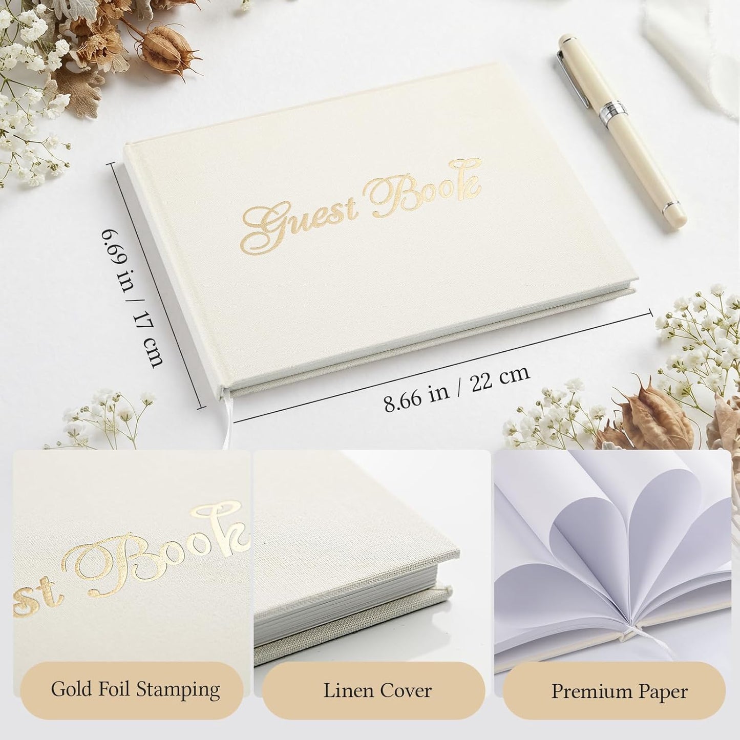 Guest Book for All Occasions – White Hardcover with Gold Foil, 120 Acid-Free Blank Pages, Includes Table Sign & Welcome Card | 8.66x6.69 Sign-in Book for Wedding, Party & Memorial