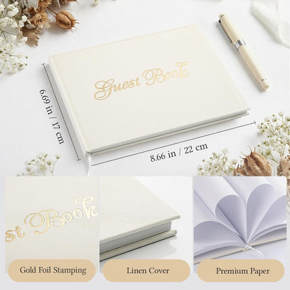 Guest Book for All Occasions – White Hardcover with Gold Foil, 120 Acid-Free Blank Pages, Includes Table Sign & Welcome Card | 8.66x6.69 Sign-in Book for Wedding, Party & Memorial