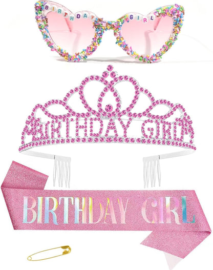 3Pcs Birthday Girl Sash Headband Set-Birthday Sash Tiara and Crown Sunglasses for Girls Women