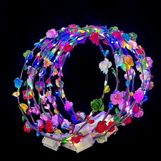 QSJQllo 50 Pcs LED Flower Crowns Headbands,Flower Crowns For Women,Mardi Gras Light Up Headbands Tiara Flower Crown Accessories for Wedding Beach Party Birthday Cosplay Halloween Christmas Day