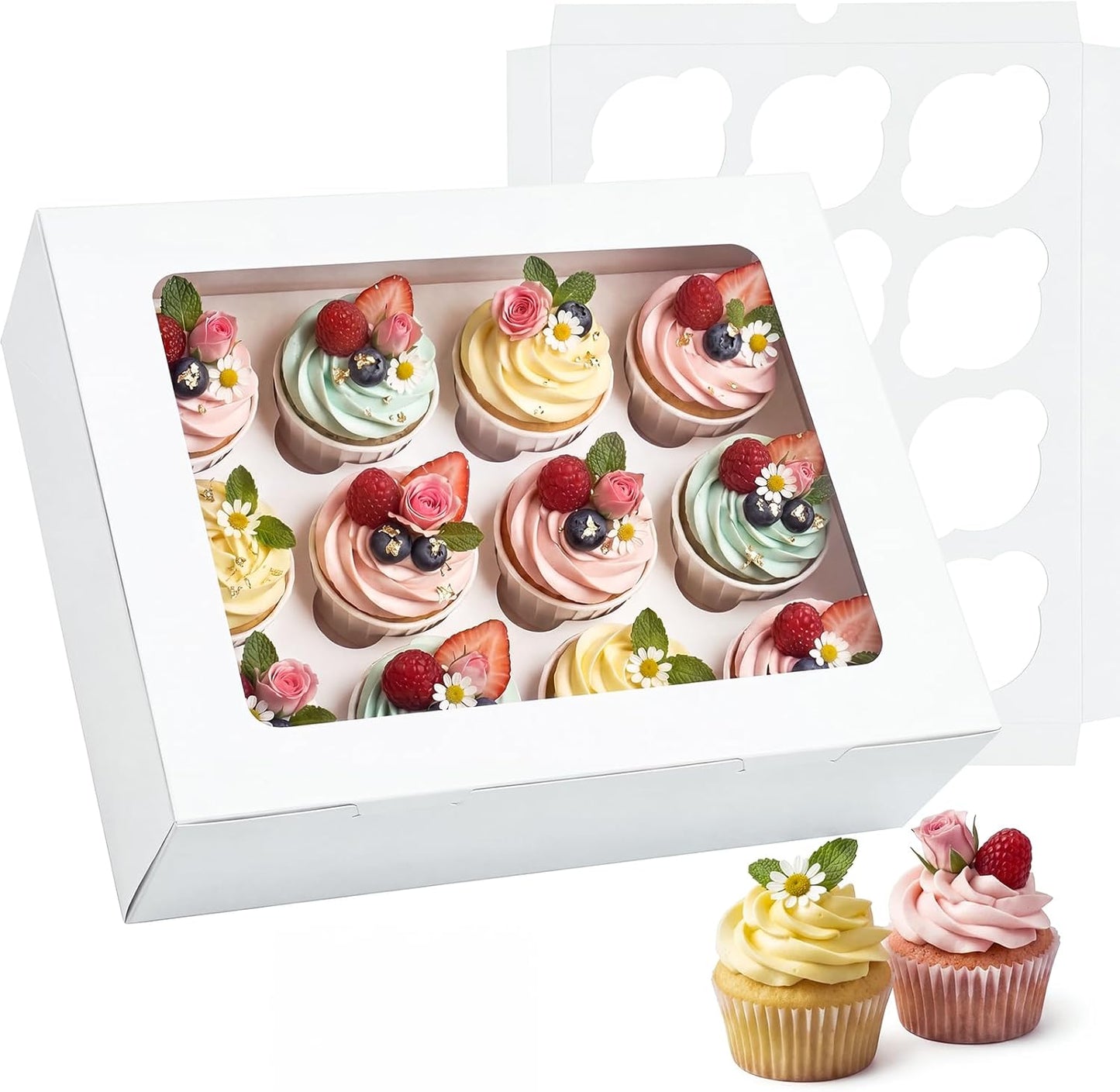 Moretoes 7 Pack Auto-popup Cupcake Boxes,12 Cupcake Containers, Bakery Carrier Boxes with Windows and Inserts for Grad Party Dessert Packaging (White)