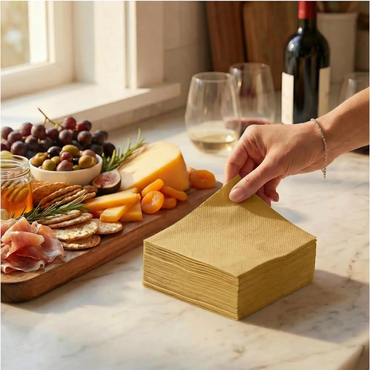 AH AMERICAN HOMESTEAD Cocktail Napkins-Disposable Beverage/Bar Napkins-White Linen-Like Square Napkins-Eco-Friendly & Compostable-Everyday Use, Party or Wedding 4.75inch x 4.75inch (100 Count, White)