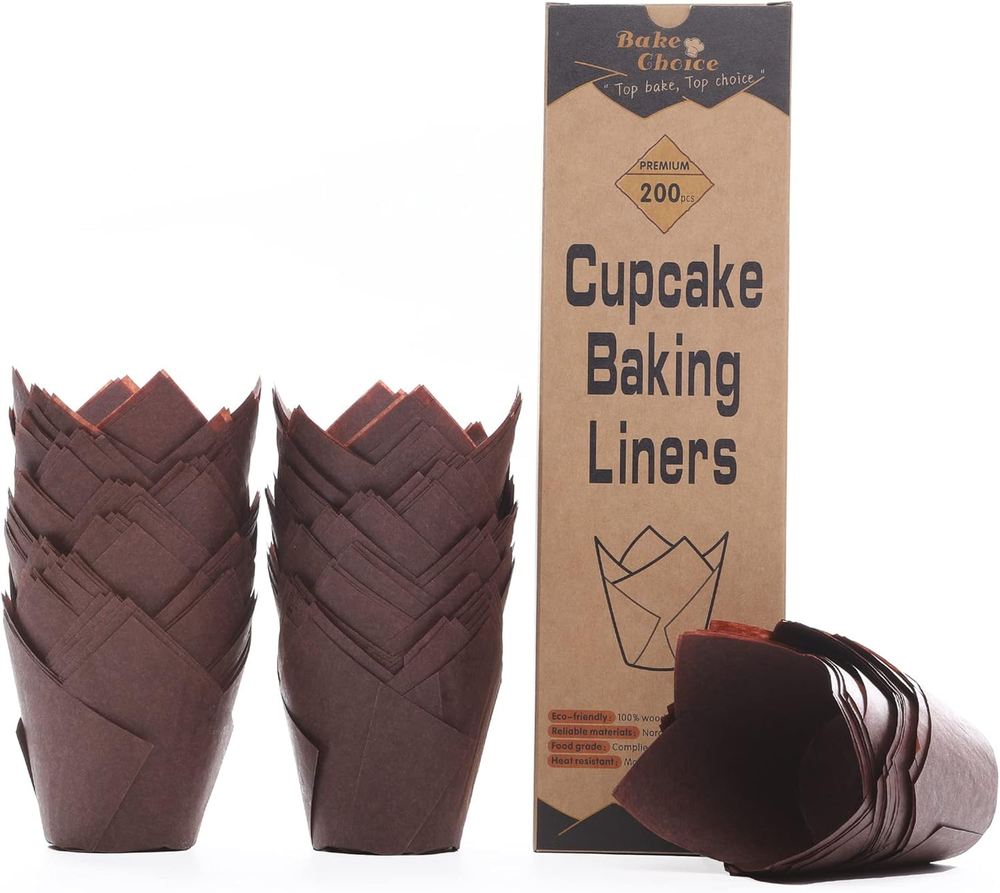 Bake Choice 200pcs Natural Tulip Cupcake Liners for Baking Cups Unbleached European Parchment paper Tulip Muffin Liners, Cupcake Wrapper for Party, Christmas
