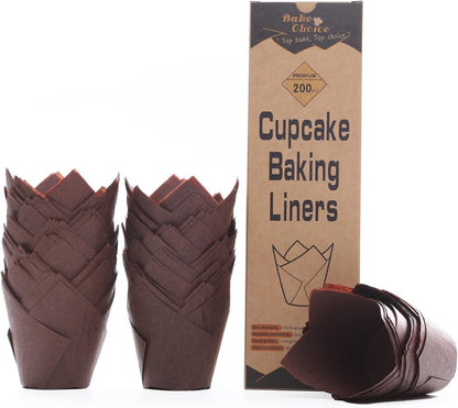 Bake Choice 200pcs Natural Tulip Cupcake Liners for Baking Cups Unbleached European Parchment paper Tulip Muffin Liners, Cupcake Wrapper for Party, Christmas