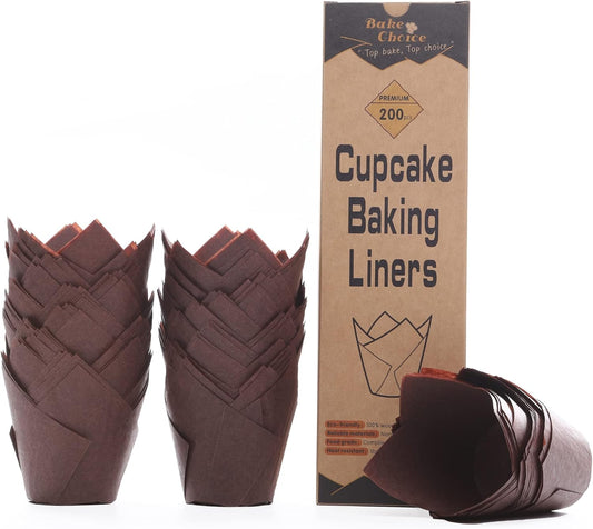 Bake Choice 200pcs Natural Tulip Cupcake Liners for Baking Cups Unbleached European Parchment paper Tulip Muffin Liners, Cupcake Wrapper for Party, Christmas