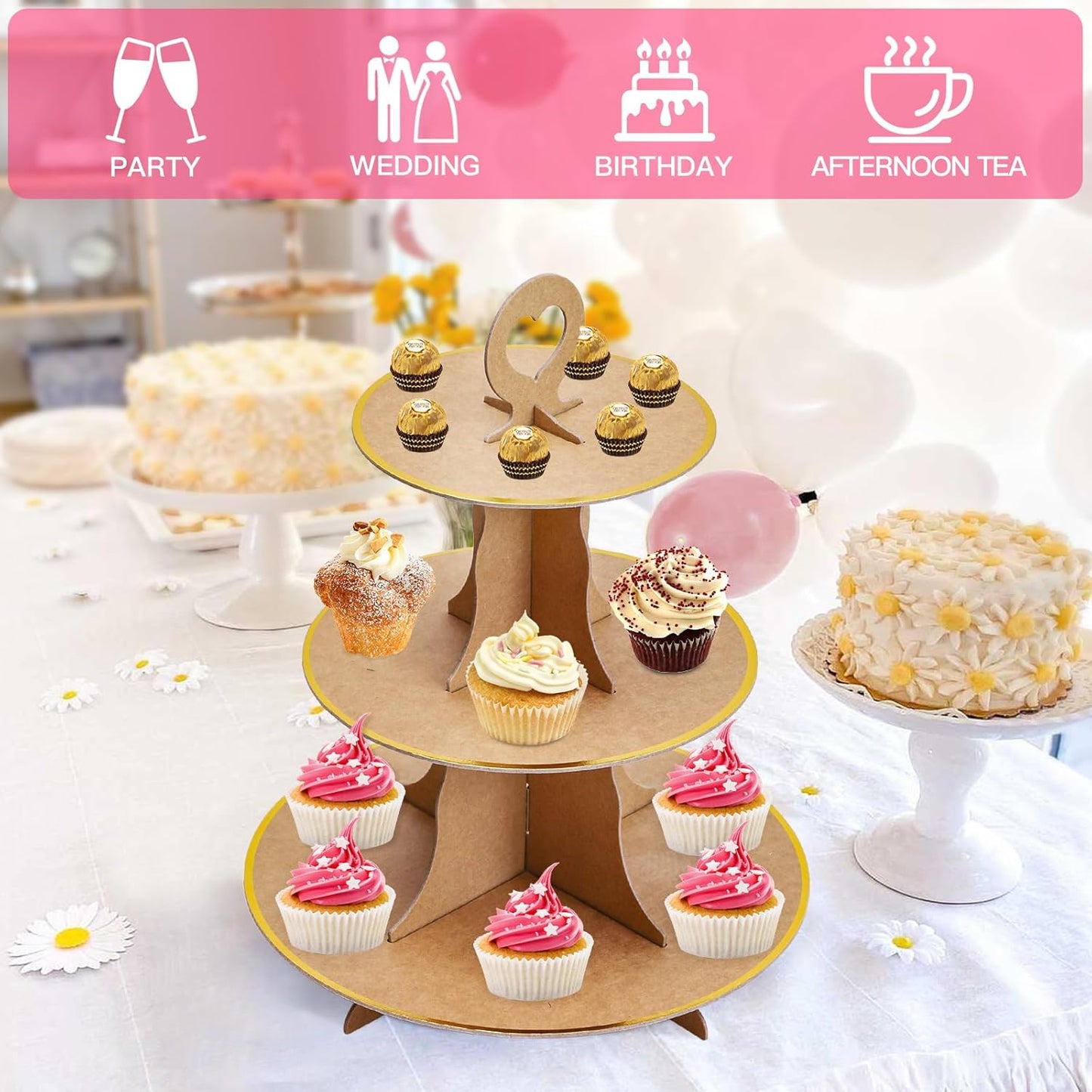 Soleebee 3-Tier Round Cupcake Stand, Cardboard Cupcake Tower, Dessert Cup Cake Stand Tower for Birthday Wedding Party Decoration, Cupcake Tier Stand 1 Set (Hot Pink)
