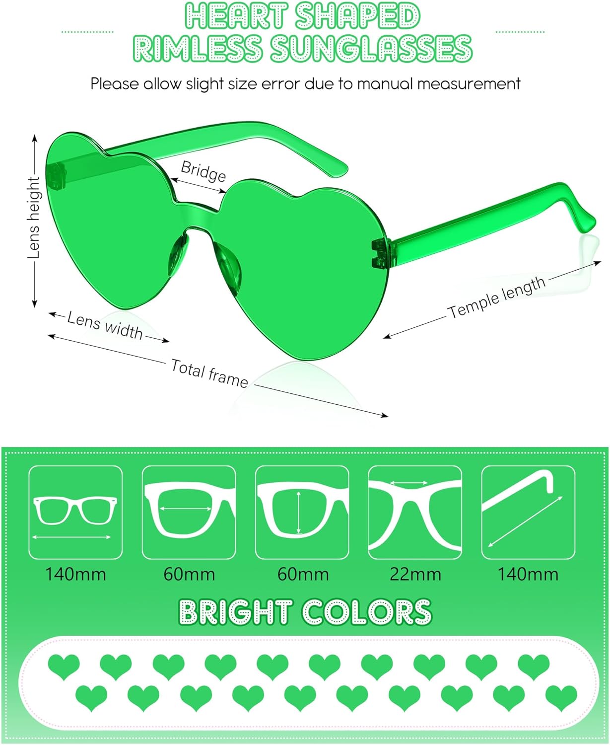 Frienda 20 Pairs Heart Shaped Sunglasses Rimless Candy Color Glasses for Women Men Party Favor