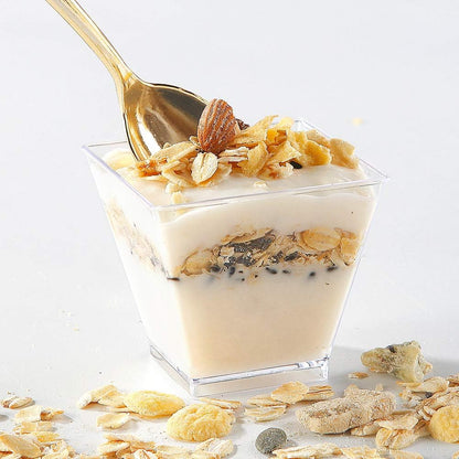 supernal 100pcs Square Plastic Dessert Cups (4oz) with 100pcs Mini Gold Spoons, Plastic Parfait Appetizer Cup, Medium Clear Dessert Cups Perfect for Cakes, Ice Cream, Desserts Appetizers