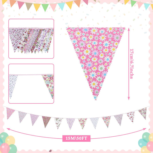 15M/50Ft Triangle Bunting Banner, 45 Pcs Pink Cotton Fabric Flags Mothers Day Vintage Garland Decorations for Baby Shower Birthday Garden Party Wedding Wall Decor