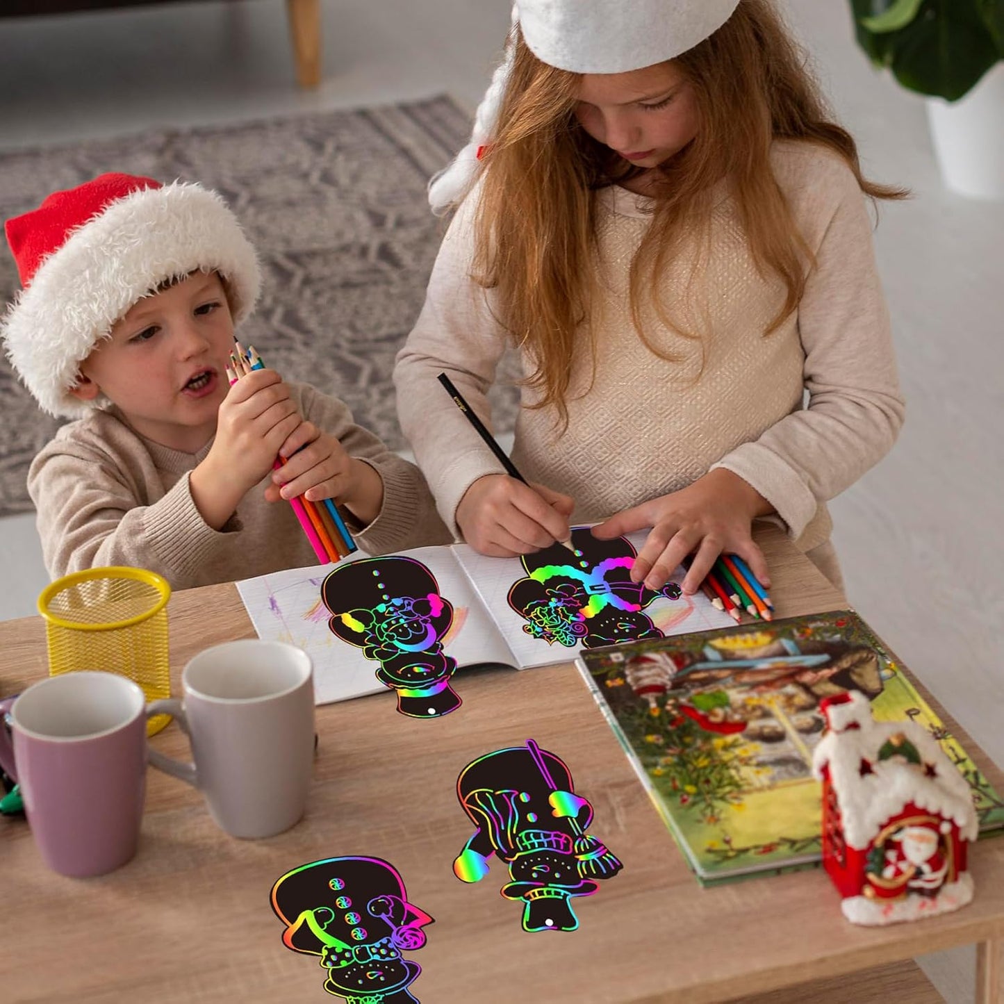 JarThenaAMCS 120Pcs Winter Snowman Scratch Paper Rainbow DIY Scratch Art Magic Scratch Off Cutout with 120Pcs Ribbons 60Pcs Wooden Styluses for Christmas Craft Party Game