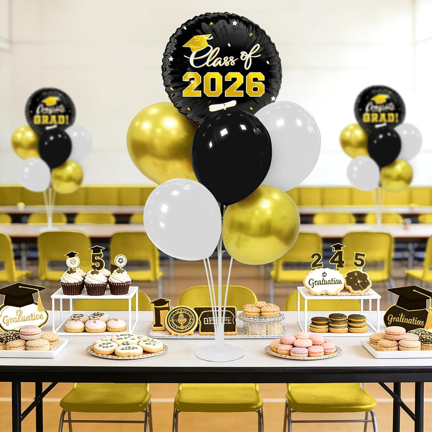 Graduation Decorations - 4 Set Balloon Stands, Class of 2026 Congrats Grad Table Centerpieces for Graduation Party Supplies(Gold& Black)