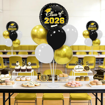 Graduation Decorations - 4 Set Balloon Stands, Class of 2026 Congrats Grad Table Centerpieces for Graduation Party Supplies(Gold& Black)