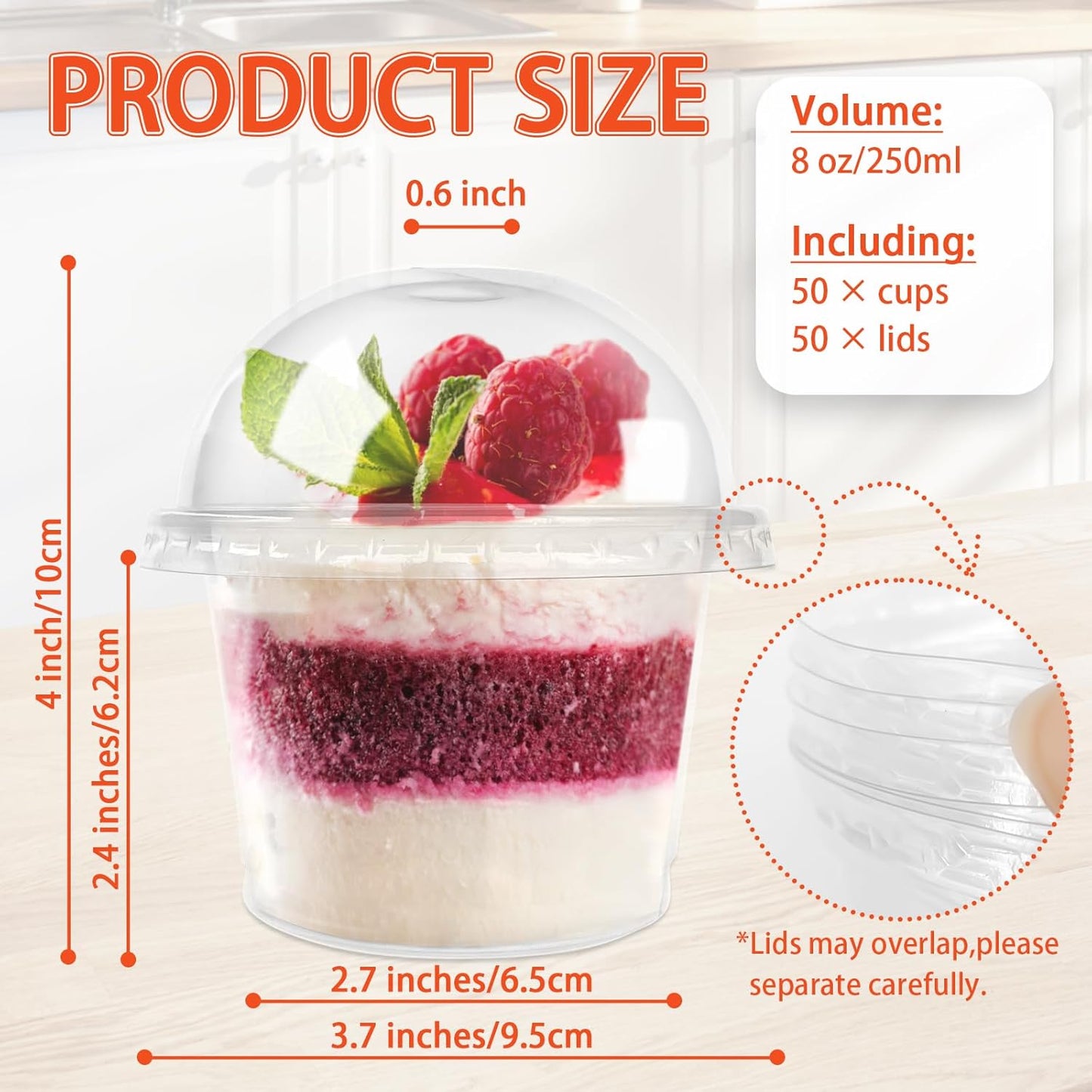Jnnzzggu 50 Pcs 8 OZ Disposable Plastic Cups with Dome Lids,Clear Dessert Cup,Mini Parfait Appetizer Containers for Ice Cream,Cake,Fruit,Pudding,Jello Shot,Drink,Yogurt,Soups,Salad,Snacks