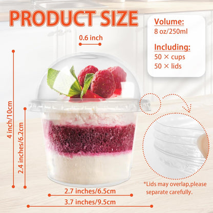 Jnnzzggu 50 Pcs 8 OZ Disposable Plastic Cups with Dome Lids,Clear Dessert Cup,Mini Parfait Appetizer Containers for Ice Cream,Cake,Fruit,Pudding,Jello Shot,Drink,Yogurt,Soups,Salad,Snacks