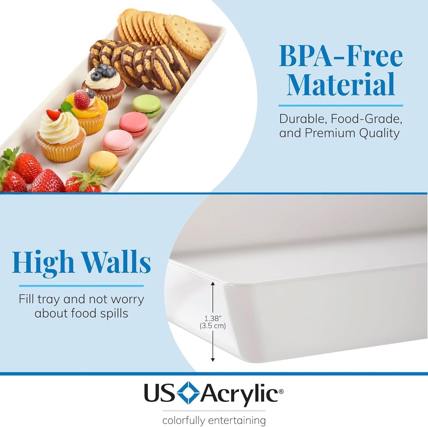 US Acrylic White Plastic Serving Trays (Set of 4) 15” x 10” | Large Unbreakable Reusable Rectangular Party Platters | Serve Appetizers, Fruit, Veggies, & Desserts | BPA-Free & Made in USA