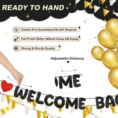 Fulmoon Pre Strung Welcome Back We Missed You So Much Banner, NO DIY, Glitter Welcome Home Celebration Decorations Family Gathering, Back to School, Military Homecoming Decoration(Dark Blue)
