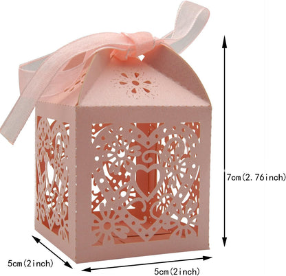 KPOSIYA 100 Pack Love Heart Laser Cut Wedding Party Favor Box Candy Bag Chocolate Gift Boxes Bridal Birthday Shower Bomboniere with Ribbons