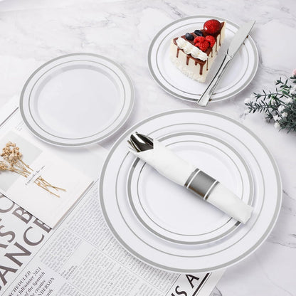 BESTVIP 350PCS Gold Plastic Dinnerware Set, Disposable Party Plates for 50 Guests, Include: 100 Plastic Plates, 50 Pre Rolled Napkins with Gold Silverware, 50 Cups