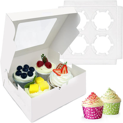 MUMULULU 8 PCS White Paper Cupcake Boxes with 4 Cavity Cookie Gift Boxes with Clear Window 4 Treat Holder Cupcake Containers Bakery Cake Box for Birthday Party Bakery Supplies