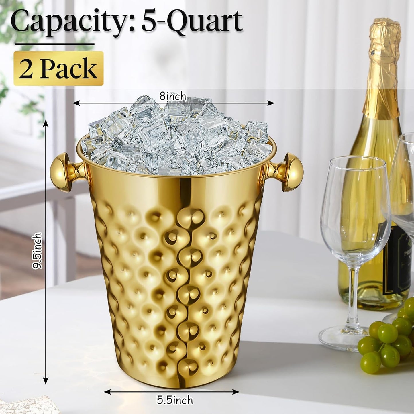 MorningRo 2 Pcs 5 Quart Black Champagne Ice Bucket 4.7 L Metal Doublewall Hammered Stainless Steel Wine Beer Chiller Home Bar Accessories for Football Sports Wedding Party Summer BBQ (Beveled Mouth)