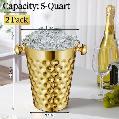 MorningRo 2 Pcs 5 Quart Black Champagne Ice Bucket 4.7 L Metal Doublewall Hammered Stainless Steel Wine Beer Chiller Home Bar Accessories for Football Sports Wedding Party Summer BBQ (Beveled Mouth)