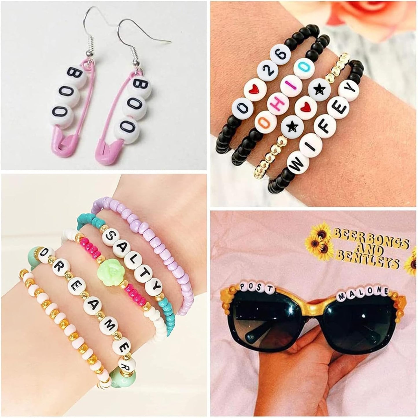 Amaney 1400pcs Glow Letter Beads, Heart Beads Whit Elastic Beading Cord,4x7mm Round Acrylic Alphabet Beads for Friend Bracelet Jewelry Making