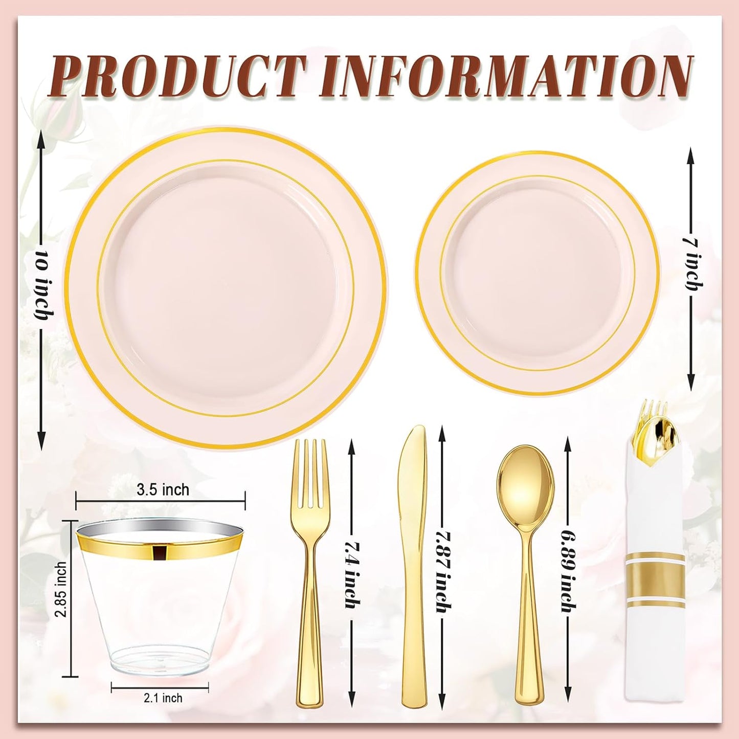 350 Pieces Black and Gold Plastic Plates with Disposable Silverware, Include 50 Dinner Plates 9”, 50 Dessert Plates 6.3”, 50 Black Cups 9 OZ, 50 Pre Rolled Napkins for Wedding Party Graduation