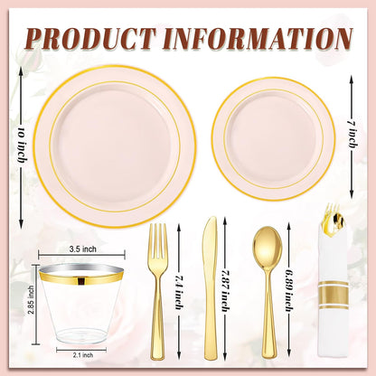 350 Pieces Black and Gold Plastic Plates with Disposable Silverware, Include 50 Dinner Plates 9”, 50 Dessert Plates 6.3”, 50 Black Cups 9 OZ, 50 Pre Rolled Napkins for Wedding Party Graduation