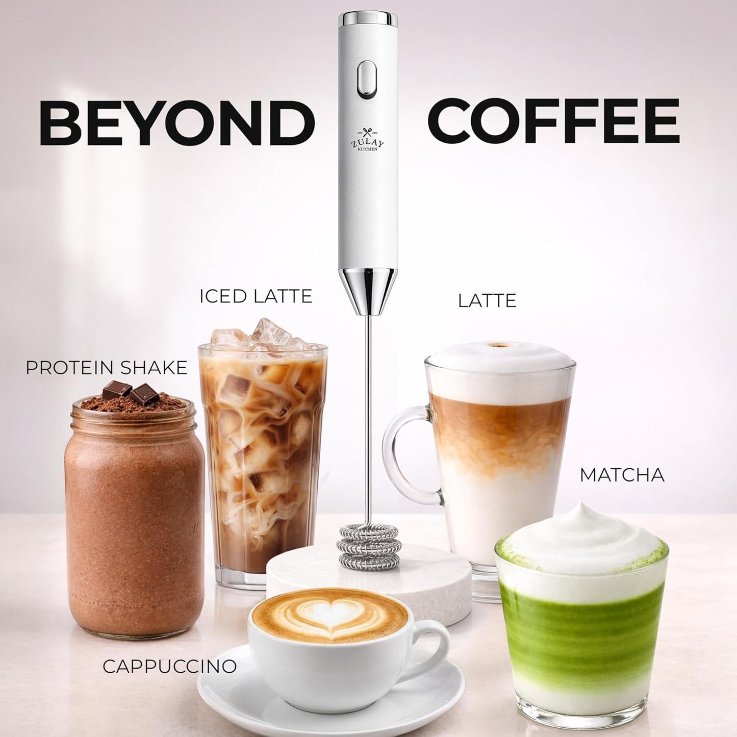 Zulay Kitchen Powerful Milk Frother Wand With Duracell Batteries - Ultra Fast Handheld Drink Mixer - Electric Whisk Foam Maker for Coffee, Lattes, Cappuccino & Matcha - Z1 Motor - Black - Colors A