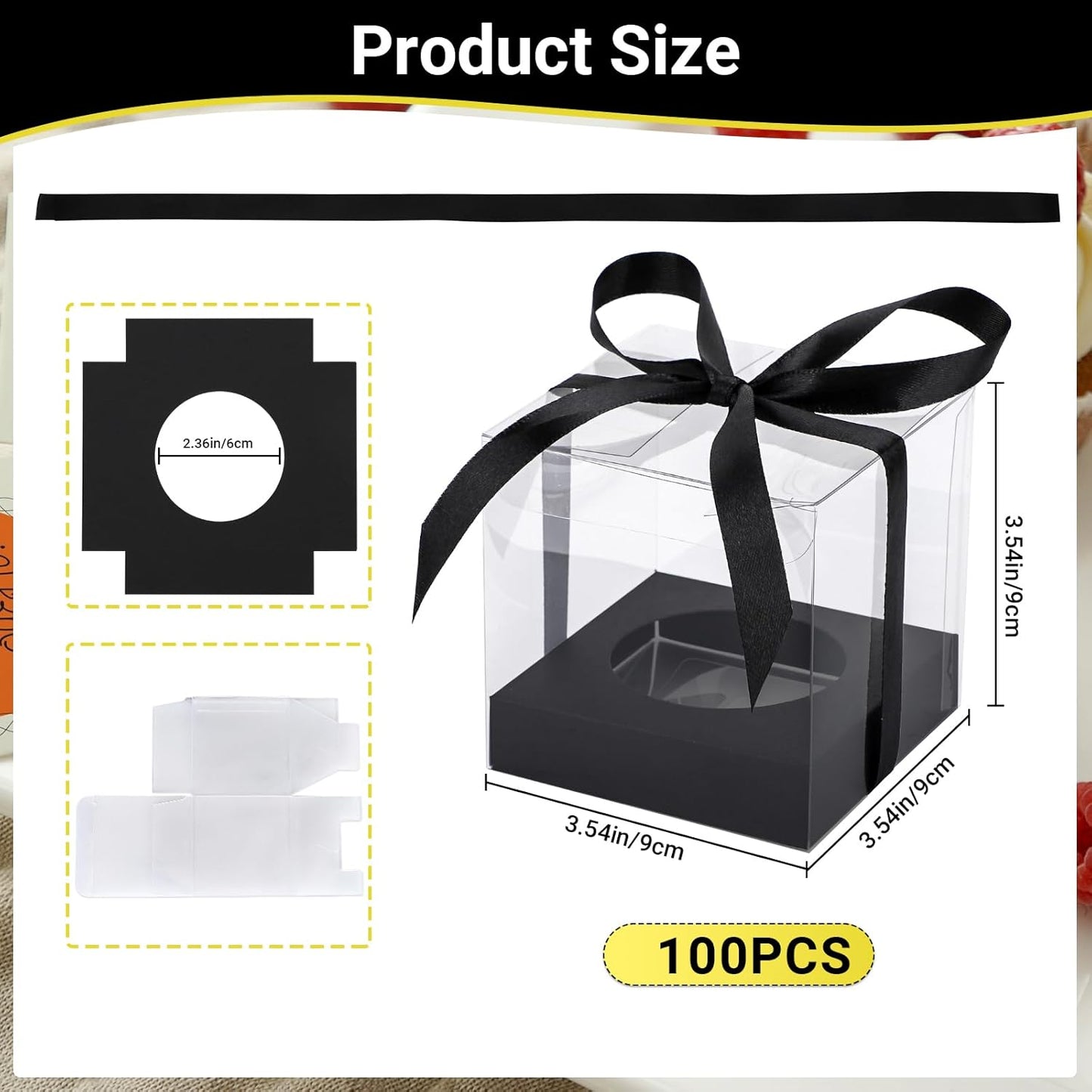 EUSOAR Individual Cupcake Holder, 50pcs 3.5 Inch Plastic Black Cupcake Containers with Lids, Single Transparent Display Clear Cupcake Carrier with Ribbon and Inserts for Wedding Party Favor