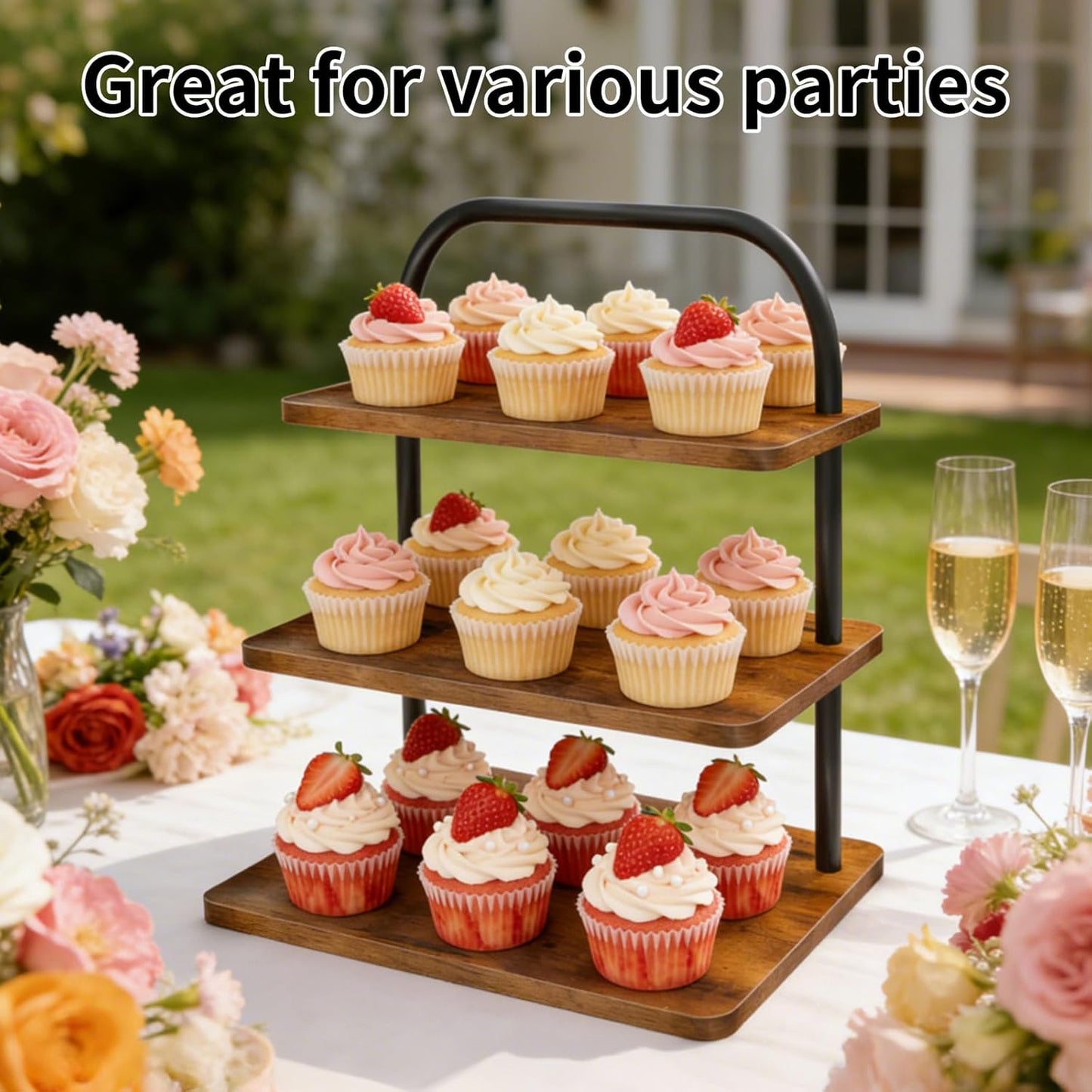 Cupcake Stand, 3 Tier Large Cupcake Stand Rustic Stepped Cupcake Display Stand Square Wood Dessert Table Display Set Cupcake Tower Tiered Tray Stand for Wedding Birthday Graduation