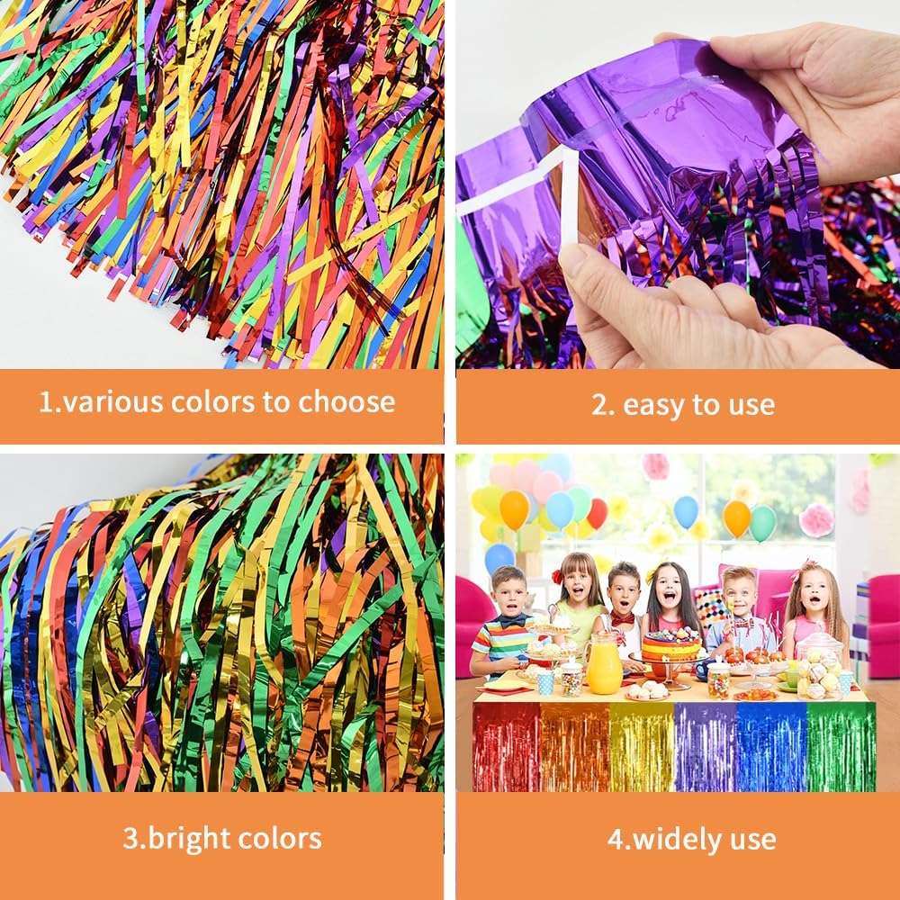 BEISHIDA 2 Pack Metallic Tinsel Foil Fringe Table Skirts for Rectangle & Round Tables Hot Pink Kids' Birthday, Holiday Cartoon Party Decorations for Birthday Valentines Baby Shower Festive Events