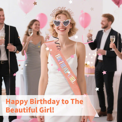 3Pcs Birthday Girl Sash Headband Set-Birthday Sash Tiara and Crown Sunglasses for Girls Women